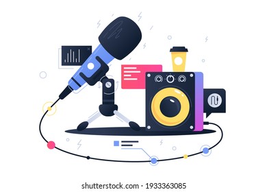 Modern technology icon of microphone connecting with subwoofer speaker. Concept symbol device for recording music. Vector illustration.