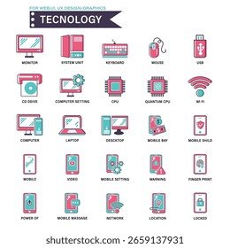 Paquete de iconos de tecnología moderna con 30 iconos vectoriales planos en rosa y verde azulado. Incluye dispositivos móviles, computadoras de escritorio, CPU, USB, Wi Fi, Configuraciones y más, ideal para UI, App y diseños digitales.