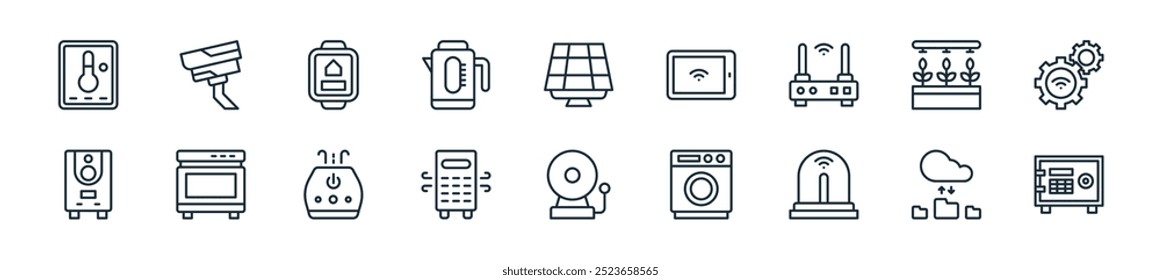 pacote de ícones de tecnologia moderna. perfeito para projetos de ui lineares com vetor caixa segura, computação em nuvem, alarme, hine de lavagem, alarme de sino, purificador de ar, umidificador e mais ícones para celular e web