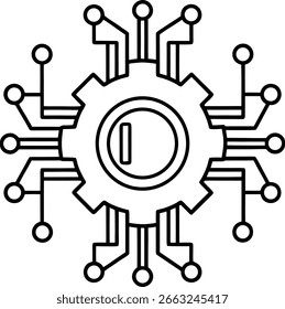 Icono de Tecnología moderno que representa una rueda dentada con circuitos integrados para la innovación y la conectividad digital en estilo de contorno