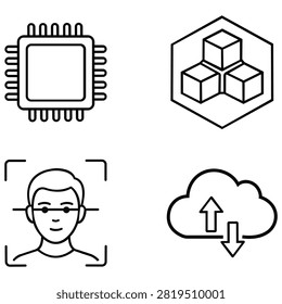 Modern technology icon set featuring processor blockchain facial recognition and cloud upload concepts perfect for software applications digital platforms engineering presentations and commercial technology branding projects
