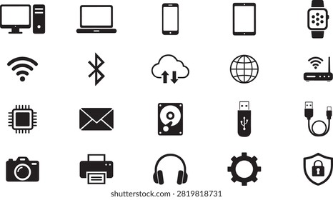 Modern technology icon set featuring desktop computer, laptop, smartphone, tablet, smartwatch, Wi-Fi, Bluetooth, cloud storage, internet, router, microchip, email, hard disk, USB drive, camera, printer, headphones, settings, and security icons.