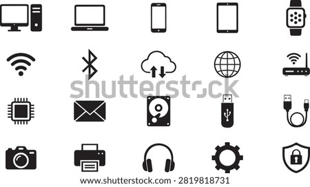 Modern technology icon set featuring desktop computer, laptop, smartphone, tablet, smartwatch, Wi-Fi, Bluetooth, cloud storage, internet, router, microchip, email, hard disk, USB drive, camera, printer, headphones, settings, and security icons.