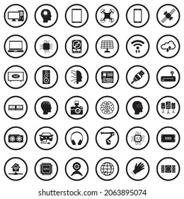Iconos tecnológicos modernos. Diseño Plano Negro En Círculo. Ilustración vectorial.