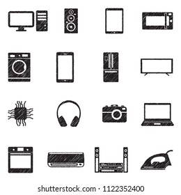 Modern Technology Icons. Black Scribble Design. Vector Illustration.