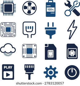 Modern technology icons depicting computer components charging power and media functions with clear designs