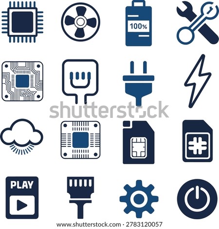 Modern technology icons depicting computer components charging power and media functions with clear designs