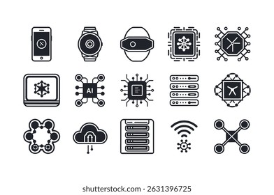 Ícones modernos de tecnologia que ilustram a conectividade de rede e a computação