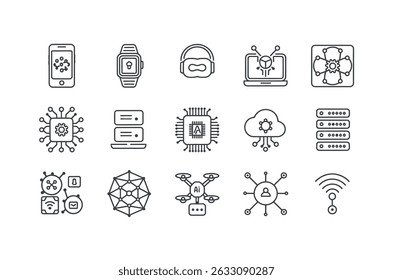 Modern Technology Icons Depicting Network Connectivity and Computing