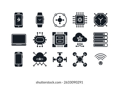 Modern Technology Icons Depicting Network Connectivity and Computing