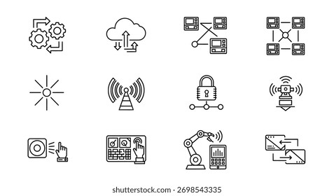 Ícones de tecnologia moderna representando a computação em nuvem de transformação digital e vetor de robótica