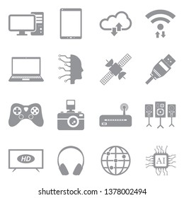Modern Technology Icons. Set 2. Gray Flat Design. Vector Illustration. 