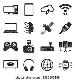 Modern Technology Icons. Set 2. Black Scribble Design. Vector Illustration.