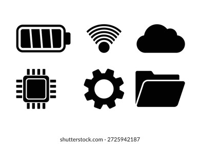 Conjunto de iconos de tecnología moderna con Ilustración vectorial de Configuraciones de procesador de nube wifi de batería y símbolos de carpeta.