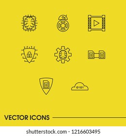 Modern technology icons set with cloud streaming, machine learning and AI robot elements. Set of modern technology icons and brain chip concept. Editable vector elements for logo app UI design.
