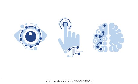 
modern technology icons set: computer vision, artificial intelligence, machine learning. Isolated flat logos - robot arm, tech brain, electronic eye