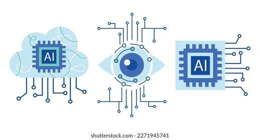 Modern technology icons set: computer vision, artificial intelligence, machine learning. Isolated flat logos illustration robot and human arm, tech brain, electronic eye, cloud computing network