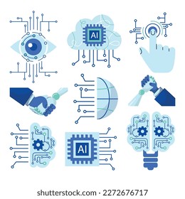 Modern technology icons set: computer vision, artificial intelligence, machine learning. Isolated flat logos illustration robot and human arm, tech brain, electronic eye, cloud computing network