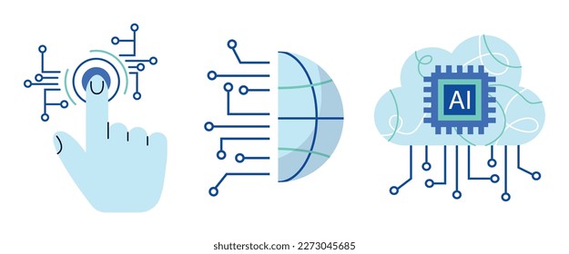Modern technology icons set: computer vision, artificial intelligence, machine learning. Isolated flat logos illustration robot and human arm, tech brain, electronic eye, cloud computing network