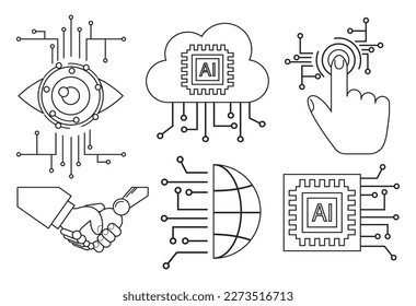 Symbole für moderne Technologien: Computervision, künstliche Intelligenz, maschinelles Lernen. Logos-Logos für einzelne Umrisse: Roboter und menschlicher Arm, technisches Gehirn, elektronisches Auge, Cloud-Computing-Netzwerk