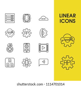 Modern technology icons set with data center, machine learning and software api elements. Set of modern technology icons and wifi concept. Editable vector elements for logo app UI design.