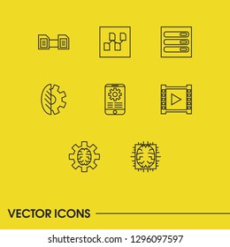 Modern Technology Icons Set With Data Structure, Video Streaming And Data Transfer Elements. Set Of Modern Technology Icons And Brain Chip Concept. Editable Vector Elements For Logo App UI Design.