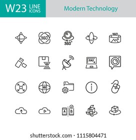 Modern technology icons. Set of line icons. Cloud service, VR camera, data storage. Modern technology concept. Vector illustration can be used for topics like digital device, virtual reality.