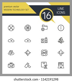 Modern technology icons. Set of line icons. Cloud service, VR camera, data storage. Modern technology concept. Can be used for topics like digital device, photography, virtual reality.