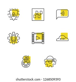 Modern technology icons set with machine learning, video streaming and hosting service elements. Set of modern technology icons and multimedia concept. Editable vector elements for logo app UI design.