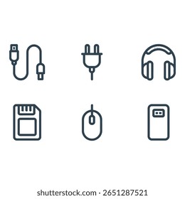 Modernos ícones de tecnologia Cabo USB Conectores de energia Fones de ouvido Cartão SD Mouse de computador Smartphone Ilustrações