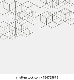 Modern technology illustration with square mesh. Digital geometric abstraction with lines and points. Cube cell. Vector abstract boxes background. 