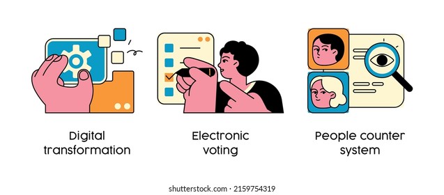 Modern technology to improve government performance - concept illustrations. Digital transformation, Electronic voting, People counter system. Visual stories collection