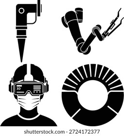 Tecnología moderna y herramientas industriales con el concepto de la realidad virtual y de los datos aislado en el fondo blanco, Vector