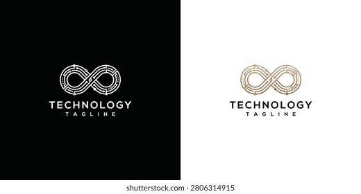 Modern Technology Infinity Logo Design with Circuit Board Pattern on Dark and Light Backgrounds