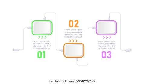 Plantilla de diseño de gráficos de infografía de tecnología moderna. Smart gadgets. Resumen de infografía vectorial con espacios de copia en blanco. Gráficos instructivos con secuencia de 3 pasos. Presentación de datos visuales