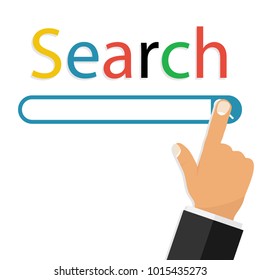 Modern technology of information retrieval. The concept of search. The finger clicks on the search bar with a magnifying glass. Flat design, vector illustration, vector.