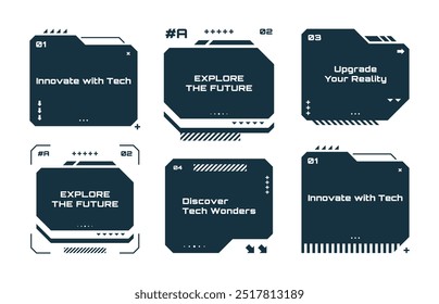 Rótulo de tecnologia moderna. Caixas de texto definidas em estilo técnico abstrato. Logotipo moderno em estilo cyberpunk. Design tecnológico de alta tecnologia. Ilustração vetorial.