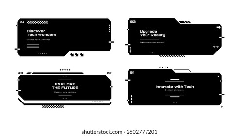 Modern technology label. Text boxes set in abstract tech style. Modern logo in cyberpunk style. Technology hi-tech design. Vector illustration.	