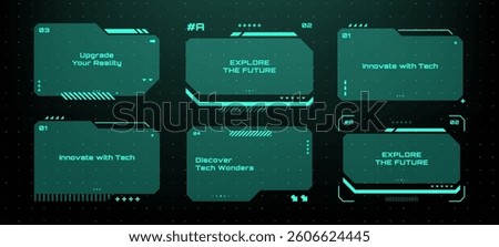 Modern technology label. Text boxes set in abstract tech style. Modern logo in cyberpunk style. Technology hi-tech design. Vector illustration.