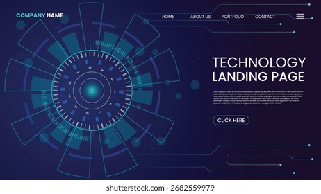 Modern technology landing page background featuring futuristic circular interface, glowing digital elements and abstract tech style design, ideal for business, web and innovation themes.