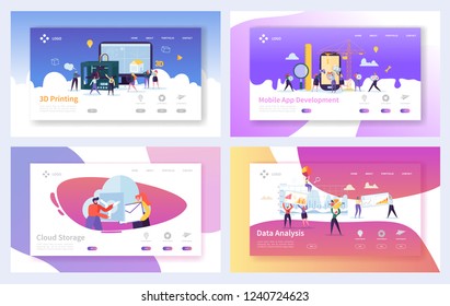 Modern Technology Landing Page Template Set. Business People Characters Mobile App Development, Cloud Storage, Data Analysis Concept for Website or Web Page. Vector illustration