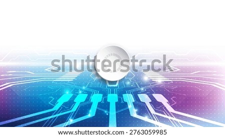 Modern technology layout featuring a central white button on a vibrant blue and purple circuit pattern. Ideal for cyber security, data processing, and advanced system control themes.