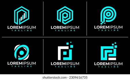 Modern technology letter P logo design bundle. Digital pixel initial P logo.