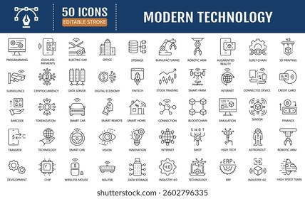Modern technology line editable icon set. Containing artificial intelligence, machine learning, deep learning, blockchain technology, internet of things (iot)  and more. Vector Illustration