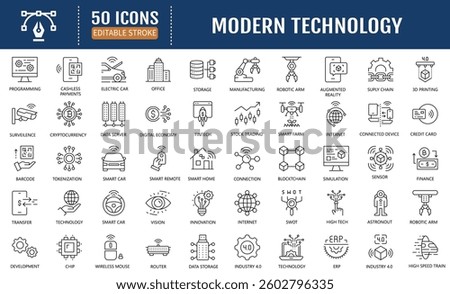 Modern technology line editable icon set. Containing artificial intelligence, machine learning, deep learning, blockchain technology, internet of things (iot)  and more. Vector Illustration