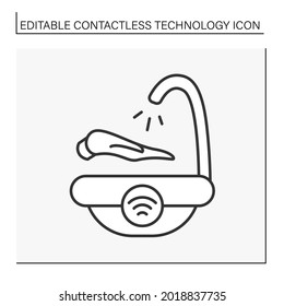 Modern technology line icon. Touchless hand washing station. Sensor responds to hand.Contactless technology concept. Isolated vector illustration. Editable stroke