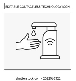 Icono de línea de tecnología moderna. Estación de desinfección y lavado de manos sin contacto. El sensor responde a la mano.Concepto de tecnología sin contacto. Ilustración vectorial aislada. Trazo editable
