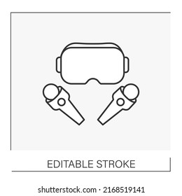  Modern technology line icon. Vr wireless controllers and goggles. Joystick for perfect gaming process. VR concept. Isolated vector illustration.Editable stroke