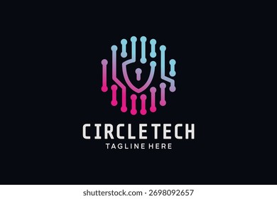 Logotipo de tecnología moderna con líneas de circuito circulares que forman una forma de escudo, simbolizando la seguridad digital y la innovación en el diseño tecnológico