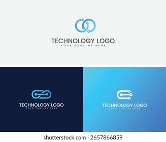 Design de logotipo de tecnologia moderna com formas e circuitos abstratos interconectados. Apresenta inovação e conectividade digital em uma estética limpa e profissional.